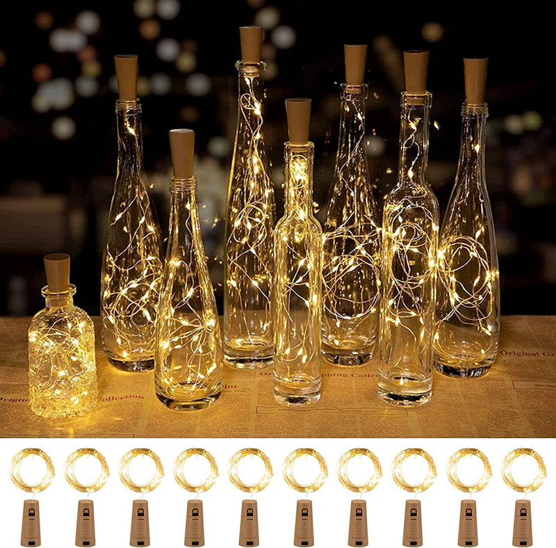 Brightown Wine Bottle Lights with Cork, 10 Pack 20 LED Waterproof Battery Operated Cork Lights, Silver Wire Mini Fairy Lights for Liquor Bottles DIY Party Bar Christmas Wedding Déco