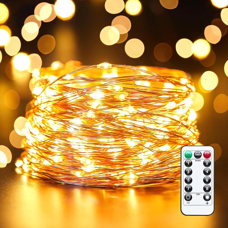 33Ft 100 LED Outdoor String Lights, Warm White Fairy Lights Battery Operated with Remote, Waterproof Twinkle Lights for Bedroom Dorm Patio Tapestry Backyard Garden Party Indoor Christmas Decoration