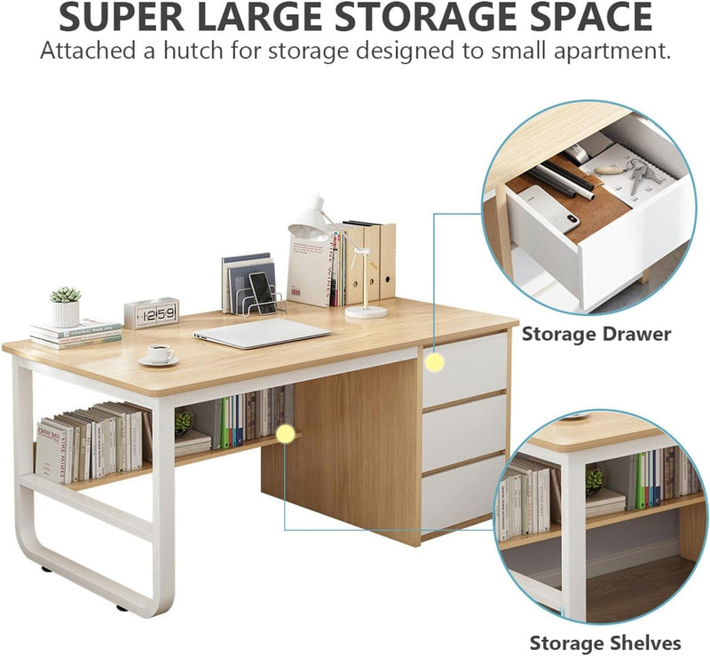 Computer Desk with Bookshelf and 3 Drawers PC Study Writing Desk Student Writing Study Table Modern Simple Home Office Desk/Workstation(39 Inch, Oak)