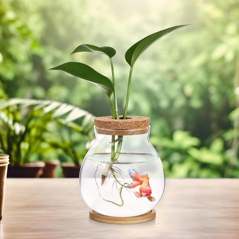 Clear Desktop Fish Bowl with Lid, Small Glass Table Fish Tank with Wood Lid Betta Aquarium Plant Terrarium Vase for Home Office Decoration, Coffee