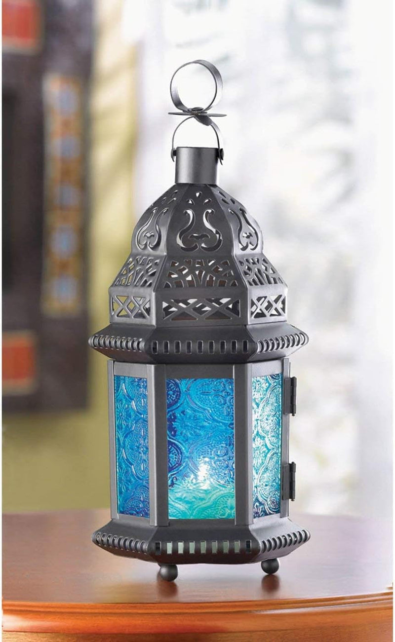 37438 10.25 Inch Glass Moroccan Style Lantern, 4.5" X 3.75" X 10.2", Blue, Black