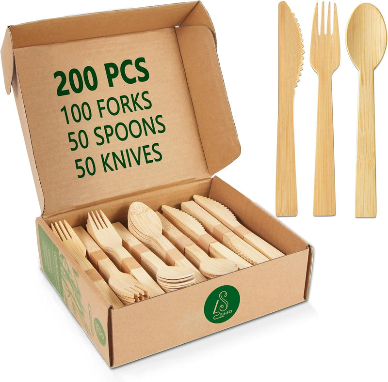 Disposable Bamboo Cutlery Set, 100% All-Natural, 200 Pieces (100 Forks, 50 Spoons, 50 Knives), Eco-Friendly Biodegradable Disposable Cutlery for Party, Camping, Weddings (200)