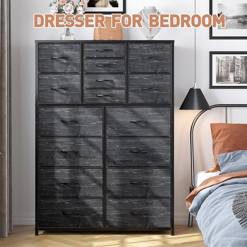 Enhomee 16 Drawers Dresser for Bedroom, Tall Dresser for Bedroom, Bedroom Dressers & Chests of Drawers with Wood Top and Metal Frame, Dresser for Bedroom, Closets, Living Room, Black Wood Grain