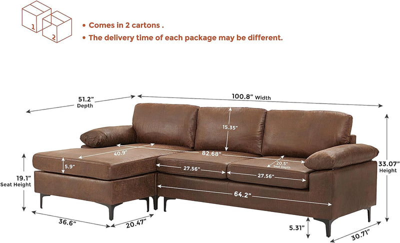 100" Sectional Sofa, Faux Leather Mid-Century Modern Reversible Couch, L Shaped 3-Seat Sofa Couch with Chaise for Living Room, Saddle Brown