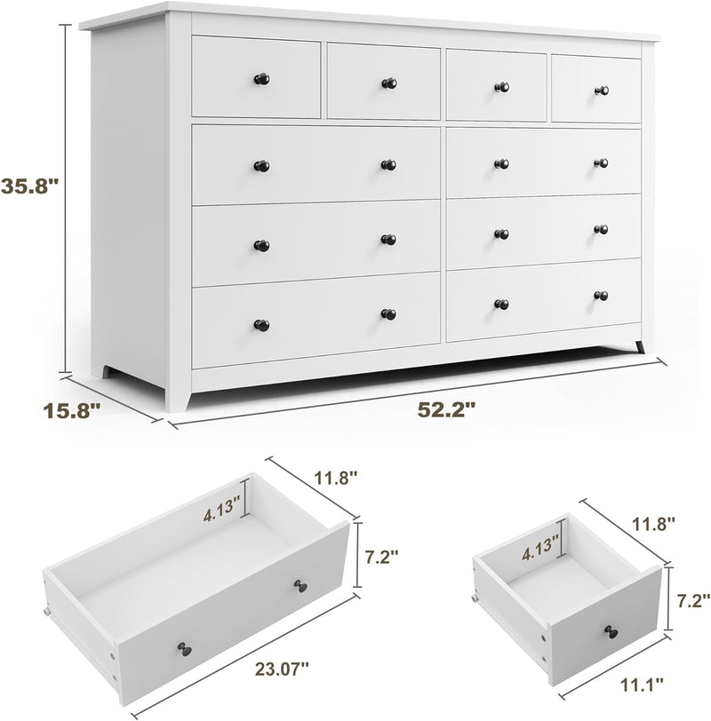 Enhomee White Dresser, Dresser for Bedroom with 10 Drawers Wood Dresser with Smooth Metal Rail, Large Dressers & Chests of Drawers Wide Dresser, White 52.2W*15.8" D*35.8" H