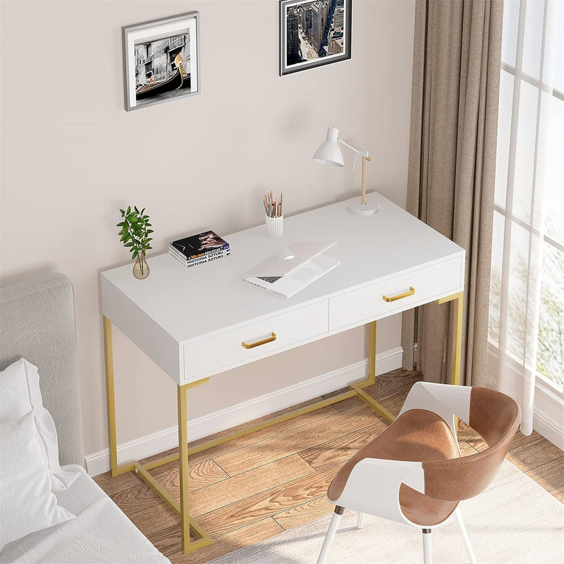 Computer Desk with 2 Drawers, Modern Study Writing Table with Storage for Home Office White+Gold Not Included Mirror