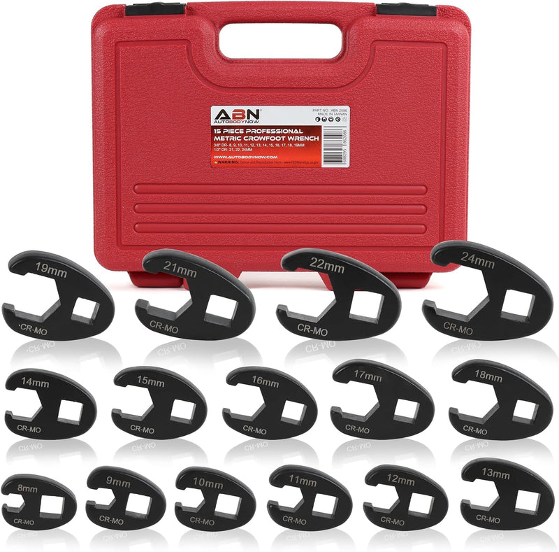 ABN Jumbo Crowfoot Flare Nut Wrench Set Metric 15-Piece Tool Kit for 3/8In and 1/2In Drive Ratchet