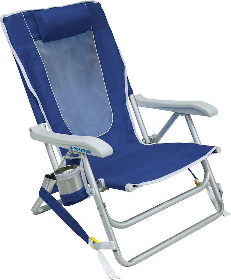 GCI OUTDOOR Backpack Beach Chair | Reclining Folding Chair with Durable Armrests, Drink Holder & Carry Straps, Perfect for Beach Trips & Picnics — Nautical Blue