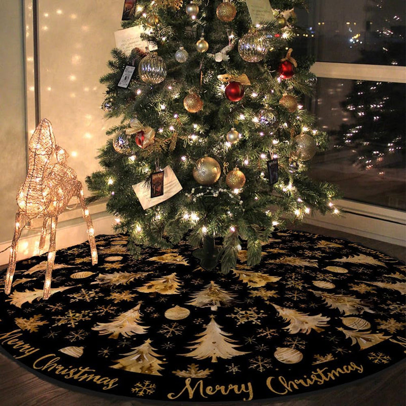 CROWNED BEAUTY Merry Christmas Tree Skirt Collar 48 Inch Xmas Trees Snowflakes Soft Farmhouse Holiday Decoration (Gold & Black) TS26