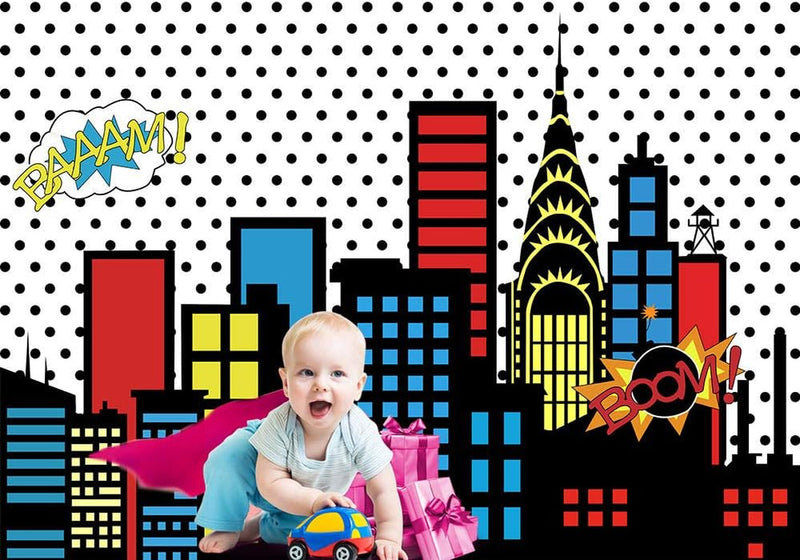 Art Studio 7X5Ft Superhero Super City Photography Backdrops Skyline Buildings City Boom Photo Background Children Birthday Party Banner Photo Studio Booth Cake Table Decor Vinyl