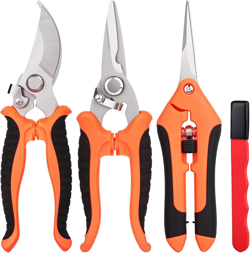 4Pieces Gardening Tools, Gardening Scissors,Garden Scissors, Scissors Set with Sharpening Stone, Gardening Stainless Steel Pruning Shears with Sharp Blades and Curved Handles Make Cutting Easy