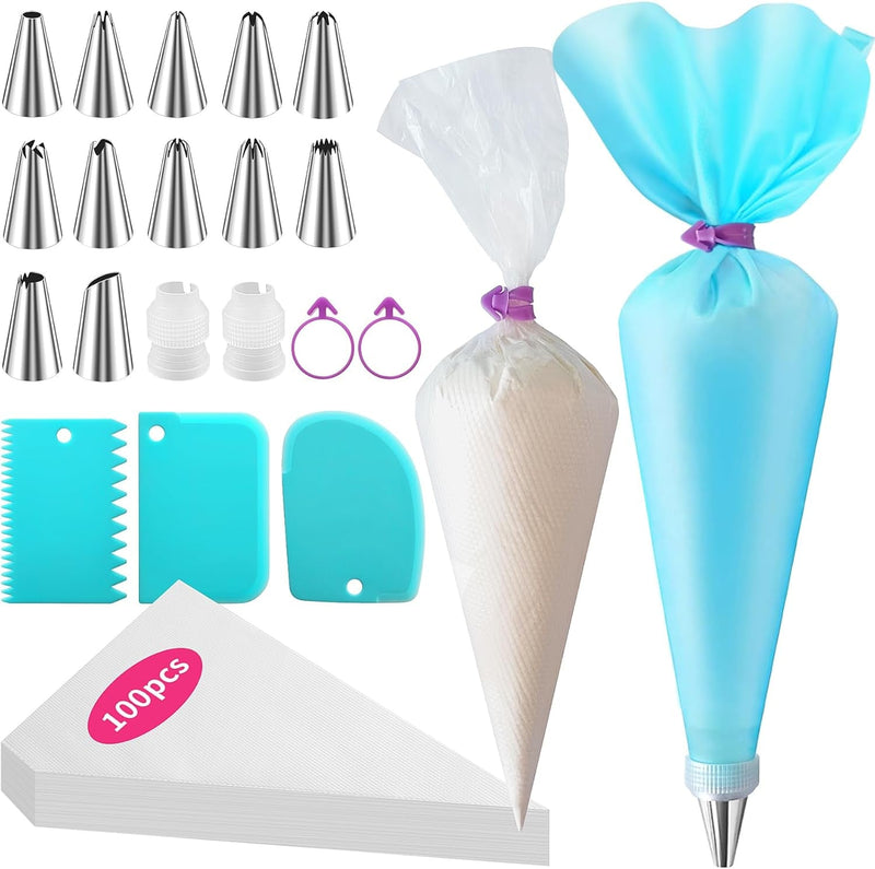 ALLTOP Piping Bags and Tips Set -Ultimate Cake Decorating Supplies Kit - Included 100 Disposable Pastry Bags, 1 Reusable Silicone Bag, 2 Couplers, 12 Frosting Tips, 2 Ties, 3 Icing Scrapers for Baking