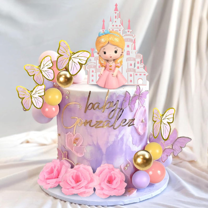 39 PCS Princess Cake Topper Castle Cake Decoration with Butterflies Artificial Flowers and Balls for Girls Kids Happy Birthday Party Decorations Princess Baby Shower Supplies (Pink and Purple)