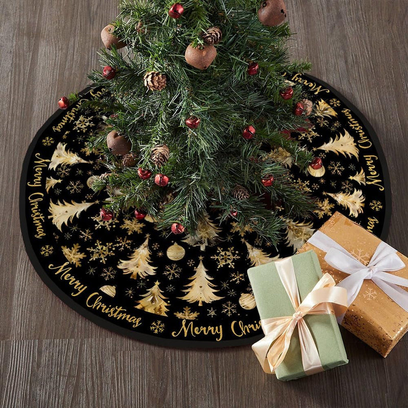 CROWNED BEAUTY Merry Christmas Tree Skirt Collar 48 Inch Xmas Trees Snowflakes Soft Farmhouse Holiday Decoration (Gold & Black) TS26