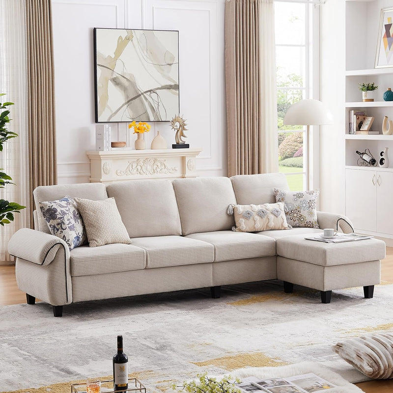 112" Sectional Sofa Couch, 4-Seat L Shaped Couch with Ottoman and Wooden Legs, Modern Polyester Fabric Couches for Living Room Apartment Office, Beige