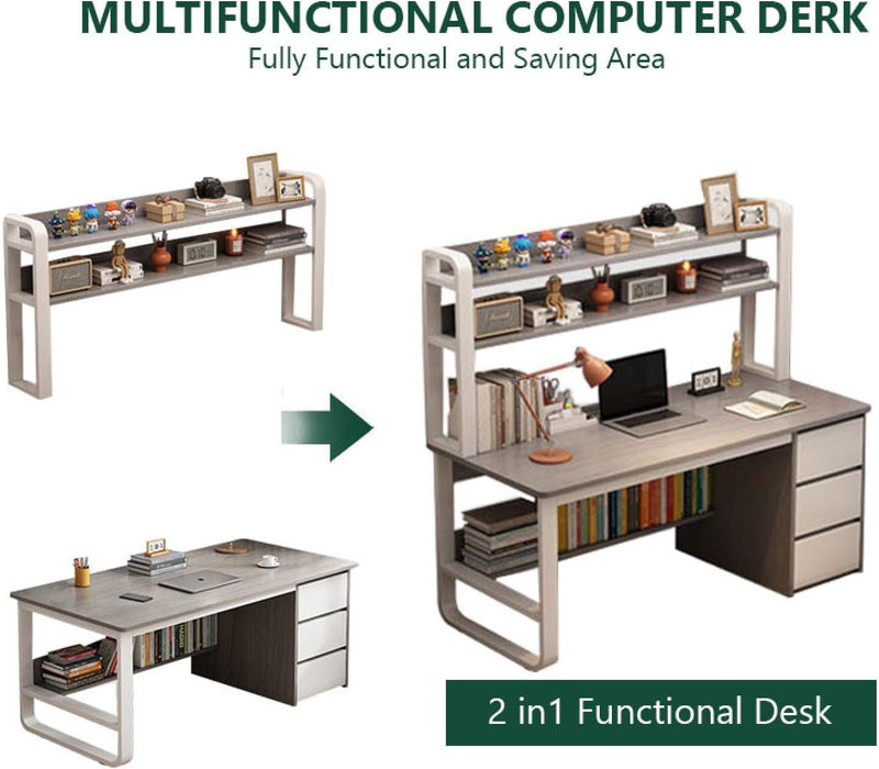 Home Office Desk with Bookshelf and 3 Drawers PC Study Writing Desk Student Writing Study Table Modern Simple Computer Desk/Workstation(47 Inch, Gray)