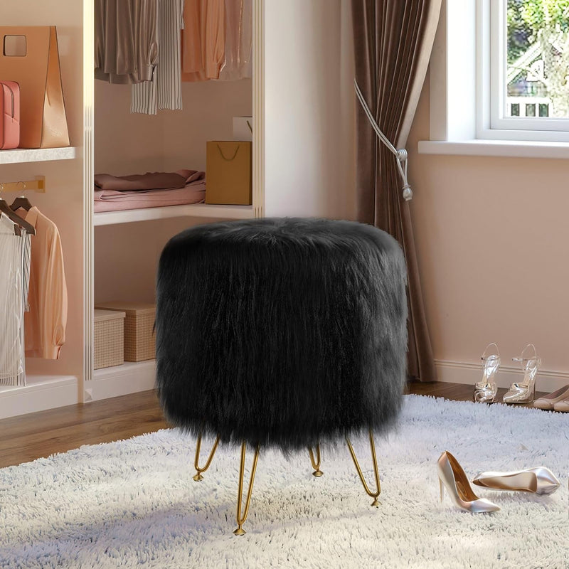 GREENSTELL Vanity Stool Chair with Storage, 13.5" W X 18" H round Faux Fur Ottoman with 4 Metal Legs, Furry Padded Seat, Modern Multifunctional Makeup Stool for Bedroom Living Room Black