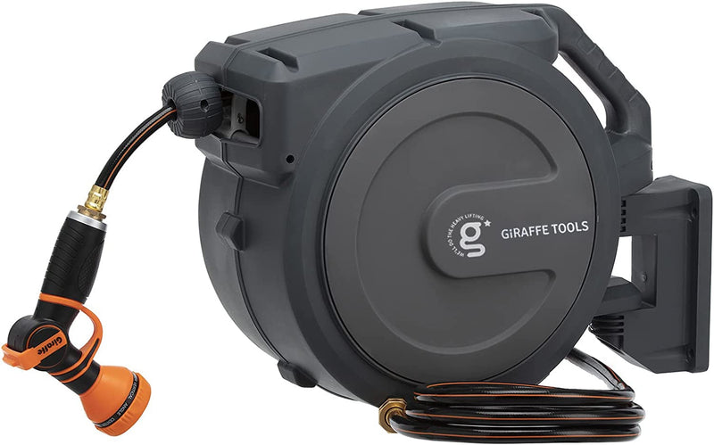 Giraffe Tools Retractable Garden Hose Reel 1/2 Inch X 130 Ft, Super Heavy Duty, Any Length Lock, Slow Return System, Wall Mounted and 180 Deg Swivel Bracket