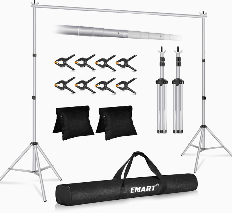 EMART Backdrop Stand 10X7.8Ft(Wxh) Photo Studio Adjustable Background Stand Support Kit with 2 Crossbars, 6 Backdrop Clamps,2 Sandbags and Carrying Bag for Parties Events Decoration