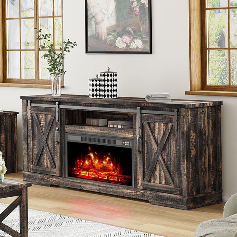 AMERLIFE Fireplace TV Stand with Sliding Barn Door for Tvs up to 73", Farmhouse 63" Fireplace Entertainment Center with Storage Cabinets/Adjustable Shelves, Distressed White & Barnwood