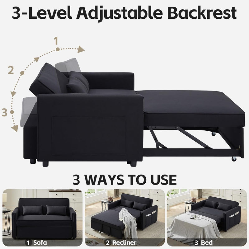3-In-1 Convertible Sleeper Sofa Bed,54" Modern Linen Pull Out Couch Bed,Comfy Futon Small Love Seat Sofa with Adjustable Backrest&Pillows for Living Room,Bedroom,Apartment(Black)