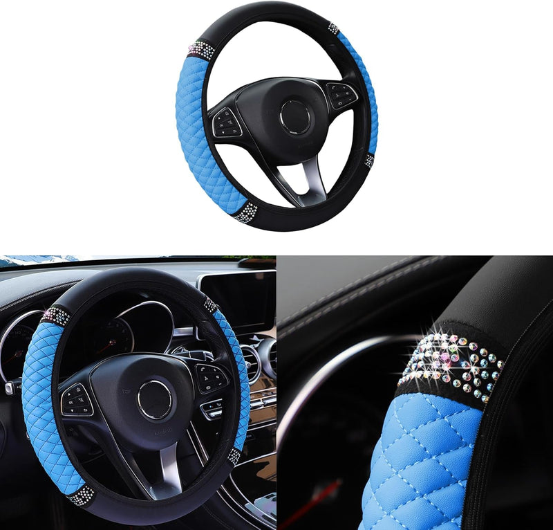 Bling Car Steering Wheel Cover, 15 Inch Rhinestones Soft Leather Elastic Steering Wheel Protector, Sparkly Crystal Diamond for Women Girls, Car Interior Accessories for Most Cars (Black)