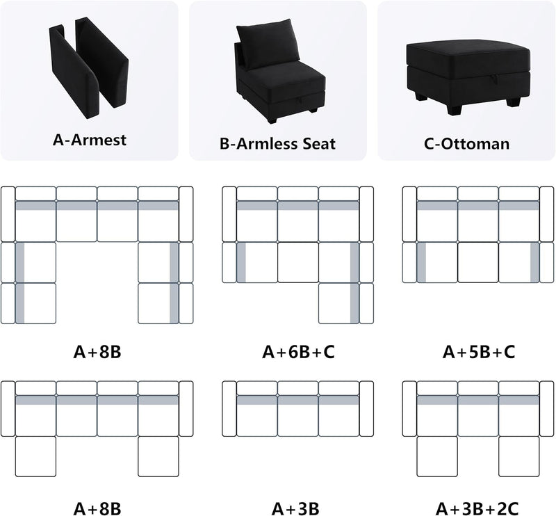 HONBAY Middle Module for Modular Sectional Sofa Couch, Accent Armless Chair with Storage Seat, Velvet Black