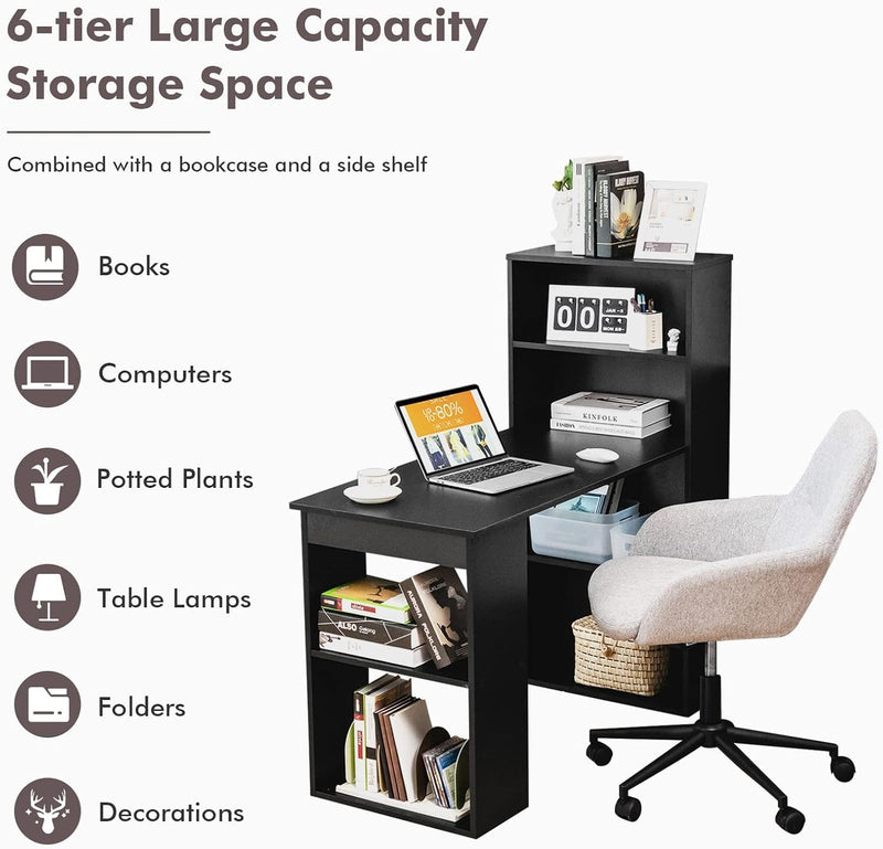 COSTWAY Computer Desk with Shelves, 48” Study Writing Desk with 6-Tier Storage Shelves, Reversible Study Workstation W/Wide Base for Home, Office & Dorm, Easy Assembly