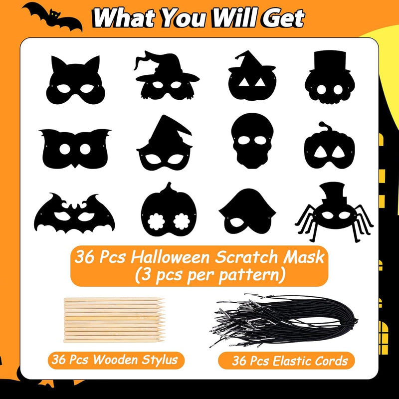 36 Pieces Halloween Scratch Art Masks for Kids, DIY Rainbow Magic Scratch Paper Masks for Crafts, Bat Witch Pumpkin Spider Pirate Skull Scratch Mask Crafts for Halloween Party Supplies