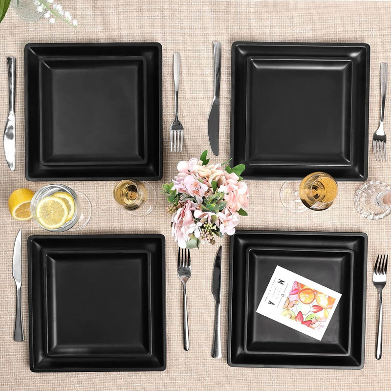 12 Piece Melamine Plates and Bowls Sets Square Dinner Set with Plates, Dishes, Bowls, Black Square Dinnerware Sets -Serving Platers for 4 Dishwasher Safe