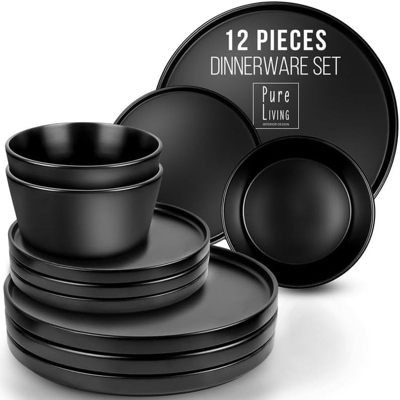 12 Piece Dinnerware Sets for 4 - Modern Style Stoneware Dinnerware Set - Scratch Resistant, Dishwasher Safe Plates and Bowls Sets Ceramic, Dish Set, Bowl and Plate Set - Black and Petrol Blue