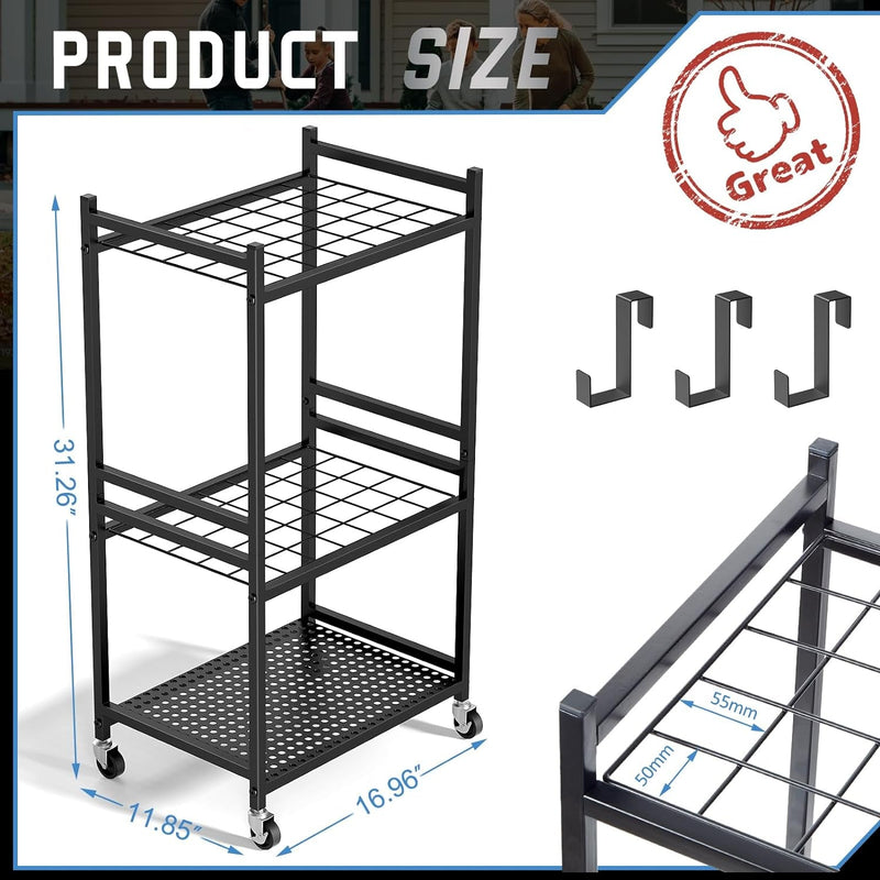 Garden Tool Organizer with Wheels, Yard Tool Tower Rack for Garage Organization and Storage, up to 35 Long-Handled Tools, Sturdy Metal Steel Tool Holder with 3 Hooks, Outdoor, Black