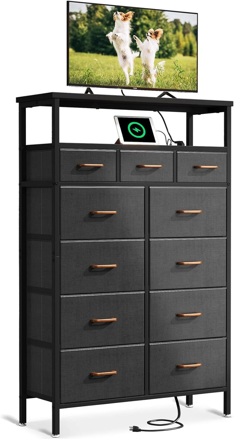 AODK Dresser with Charging Station, 59-Inch Tall Dresser for Bedroom with 11 Storage Drawers, Large Fabric Dressers for Living Room, Hallway, Black and Dark Grey