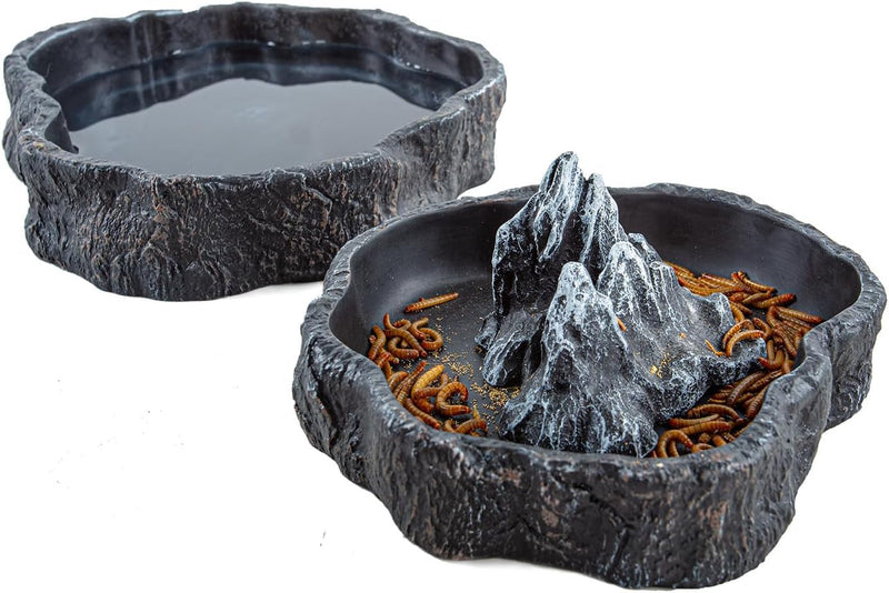 2 Pack Large Reptile Food Bowl and Water Bowl Set, Drowning Prevention Reptile Water Dish and Reptile Food Dish with Simulated Rockery, Reptile Feeder Terrarium Decoration Bowls