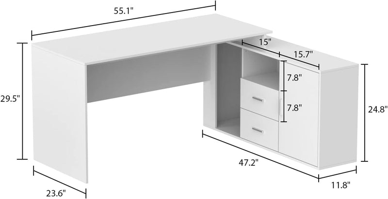 Homsee Home Office Computer Desk Corner Desk with 2 Drawers and 2 Open Cubes, 55 Inch Large L-Shaped Study Writing Table with Storage Cabinet, White (55.1”L X 47.2”W X 29.5”H)