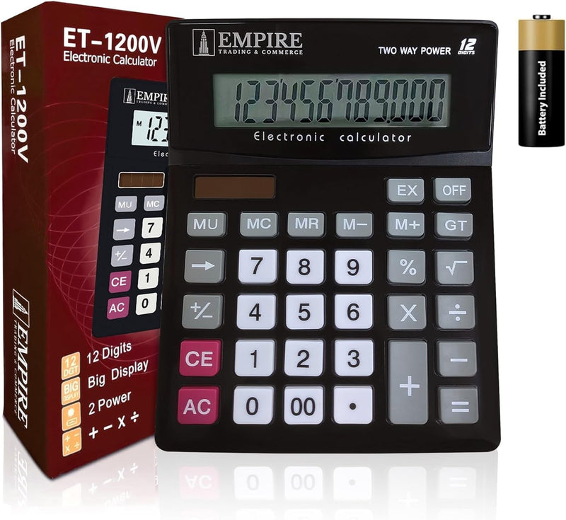 Empire Desk Calculator with Large Key Buttons, 12 Digits, Large Eye-Angled Display, Solar and Battery Powered for Home and Office (Battery Included)