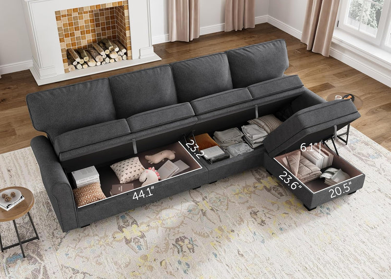 HONBAY Sectional Couch with Storage Seat L Shaped Sectional Couch with Reversible Chaise Small Sectional Couches for Living Room,Dark Grey