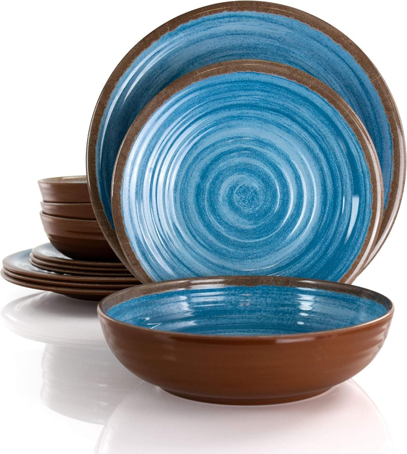 Elama Lightweight Dinnerware Set, 12 Piece, Blue and Brown