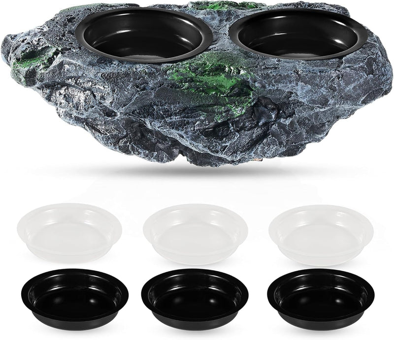 Double Bowl Reptile Water Dish Reptile Water Bowl Crested Gecko Food Dish Gecko Feeding Ledge with 6PCS Feeding Cups for Bearded Dragon Crested Gecko Snake and Chameleon