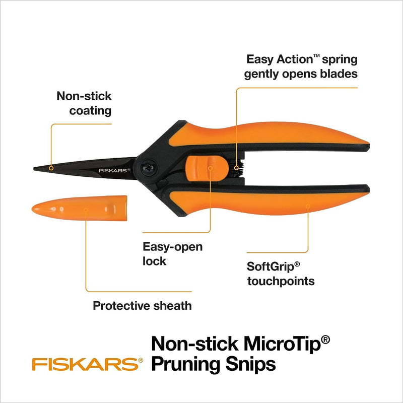 Fiskars Pruning Snips - 6" Garden Shears with Comfort Grip and Spring Action - Sharp and Precise Non-Stick Steel Blades - Quality Pruning Shears for Plants in Grow Tents and Hydroponics - 2 Pack