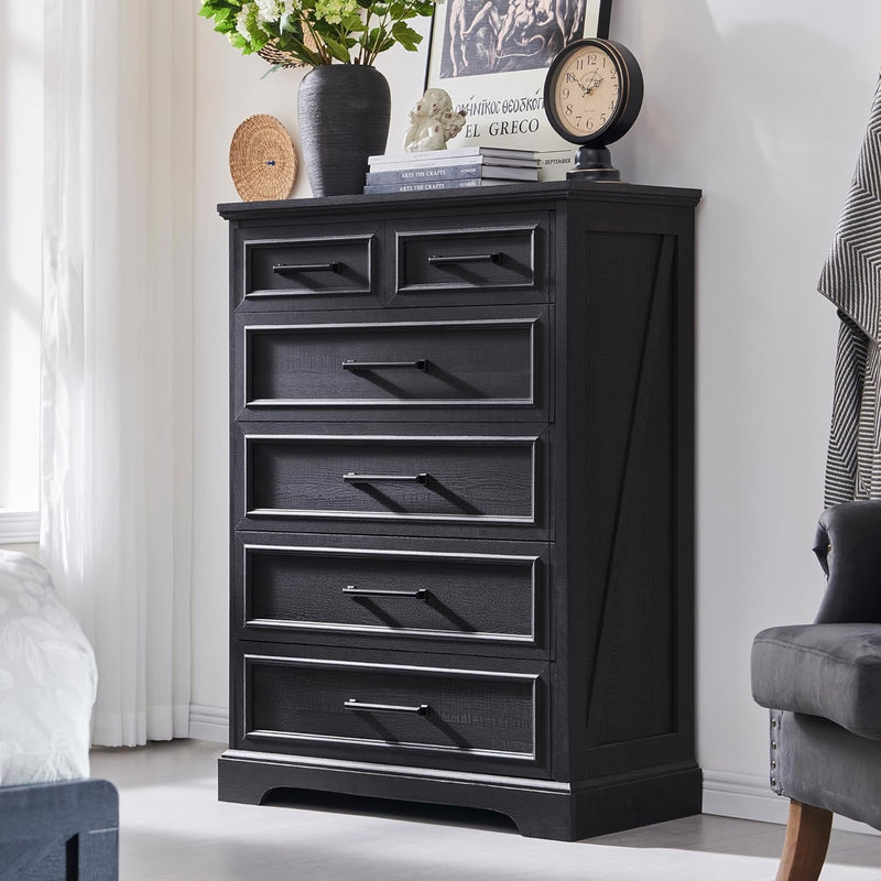 6 Drawer Dresser, Farmhouse Chest of Drawers for Bedroom, 44" Tall Modern Dresser with Large Metal Handle, Wood Drawer Organizer for Living Room, Hallway, Closet - Black
