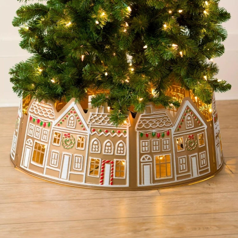 Gingerbread House Christmas Tree Collars Tree Skirt, LED Xmas Tree Tree Skirt Gingerbread House Tree Skirt, LED Light Xmas Collar Tree Base Cover for Christmas Tree Ornament Scene Layout (A)