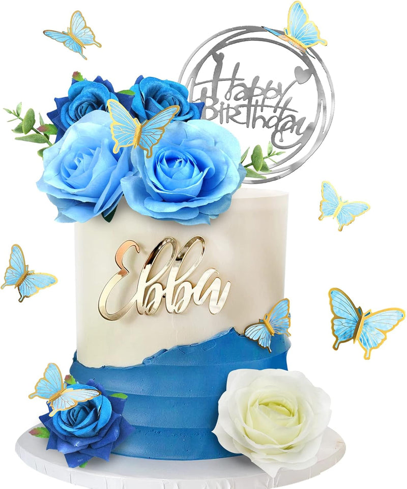 19 PCS Flower Cake Toppers Butterfly Happy Birthday Cake Decorations with Artificial Blue Rose Flowers Eucalyptus Butterflies for Party Wedding Baby Shower Supplies (Blue)