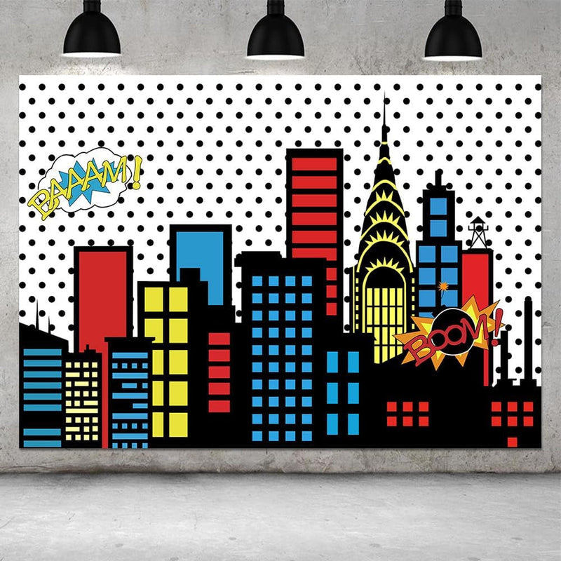 Art Studio 7X5Ft Superhero Super City Photography Backdrops Skyline Buildings City Boom Photo Background Children Birthday Party Banner Photo Studio Booth Cake Table Decor Vinyl