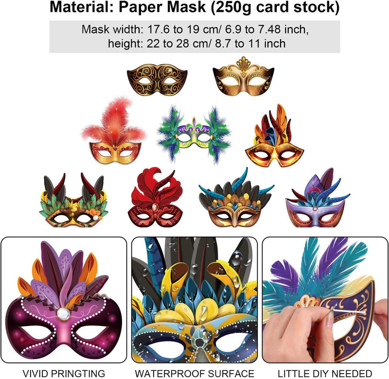 Blulu Mardi Gras Masks Paper Masks Carnival Parade Faux Feather Face Masks Masquerade Party New Orleans Novelty Masks Fantasy for Women Man Costume Party Favors (12 Pcs)