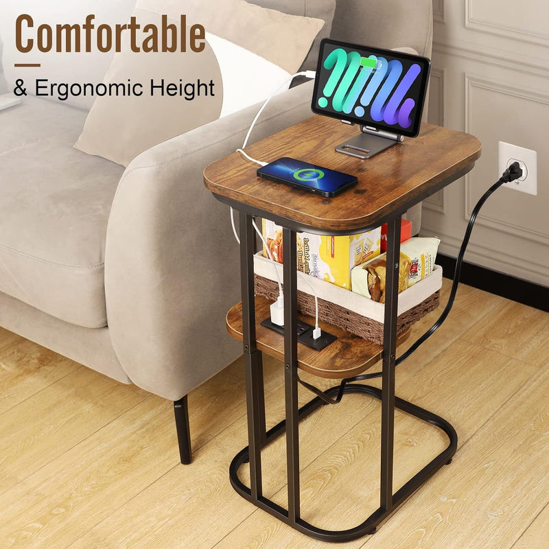 Allinside C Shaped End Table with Charging Station, 2-Tier Side Table with Storage Shelf Large Laptop TV Snack Tray Ideal for Couch, Sofa Slide Under, Bedside, Small Spaces (2 USB Ports & 2 Outlets)