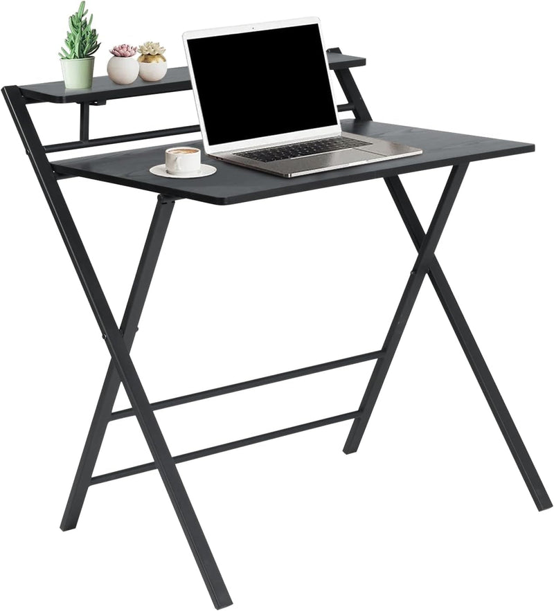 Furniturer 31.9'' Folding Desk 2 Tier Foldable Writing Table Assembly Saves Space for Home Office Study, Metal Frames/Wood Top Laptop Table Computer Desk, Industrial Brown