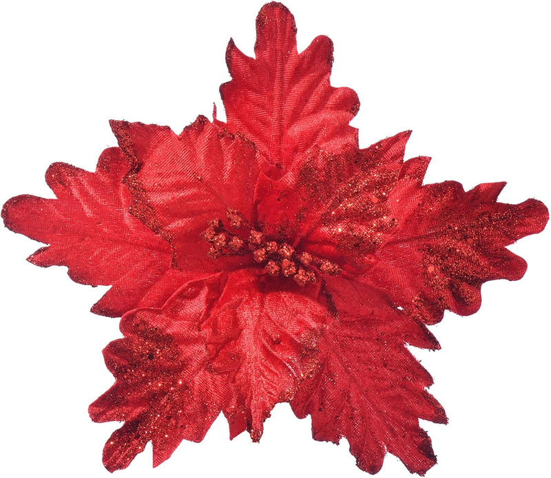 10Pcs Snow Decorated Large Poinsettia Decorative Christmas Flower Stem for Christmas Tree Wreath Garland, Red/White