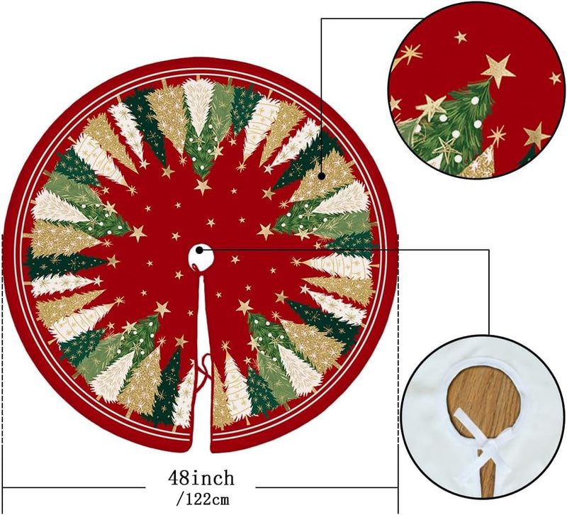 CROWNED BEAUTY Christmas Tree Skirt Collar 48 Inch Xmas Pine Trees Soft Farmhouse Holiday Decoration (Red & Green) TS31