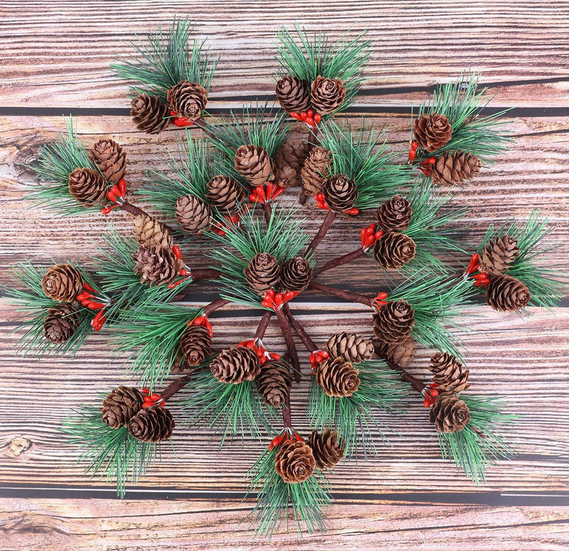 20Pcs Artificial Pine Picks Christmas Pine Picks Small Fake Berries Pinecones Branches Artificial Pine Tree for Christmas Flower Arrangements Wreaths and Holiday Decor